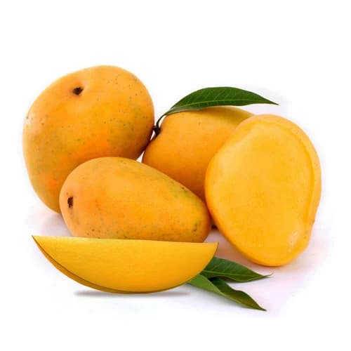 Owner-approved mangoes arranged with green leaves